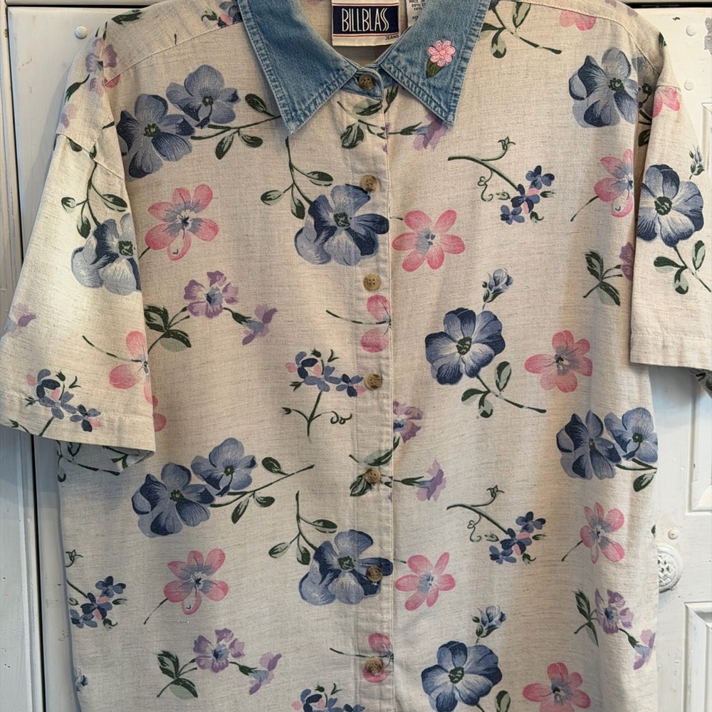 Bill Blass Floral Shirt with Denim Accents